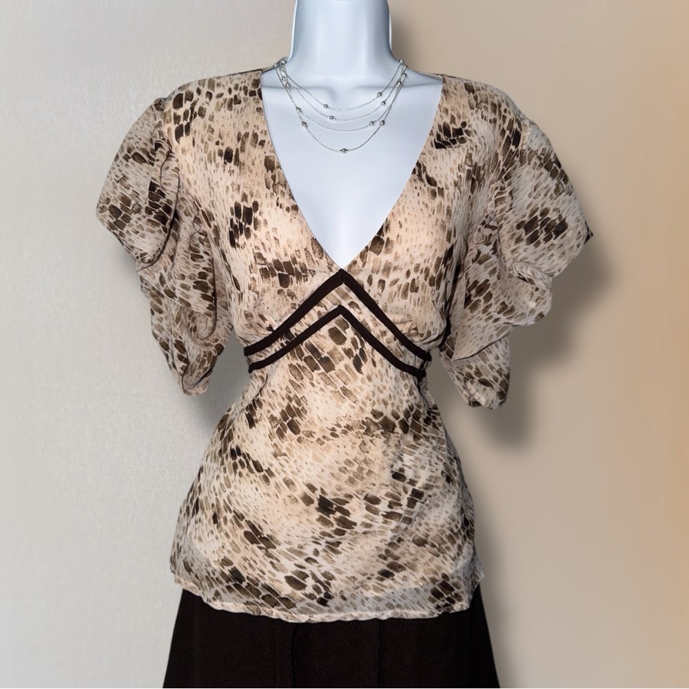 Vintage Y2K Lloyd Williams Brown & Beige Animal Print Ruffle Sleeve Blouse